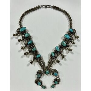 Wayne Etsitty Navajo Sterling Turquoise Squash Blossom Necklace Naja‎ As Is